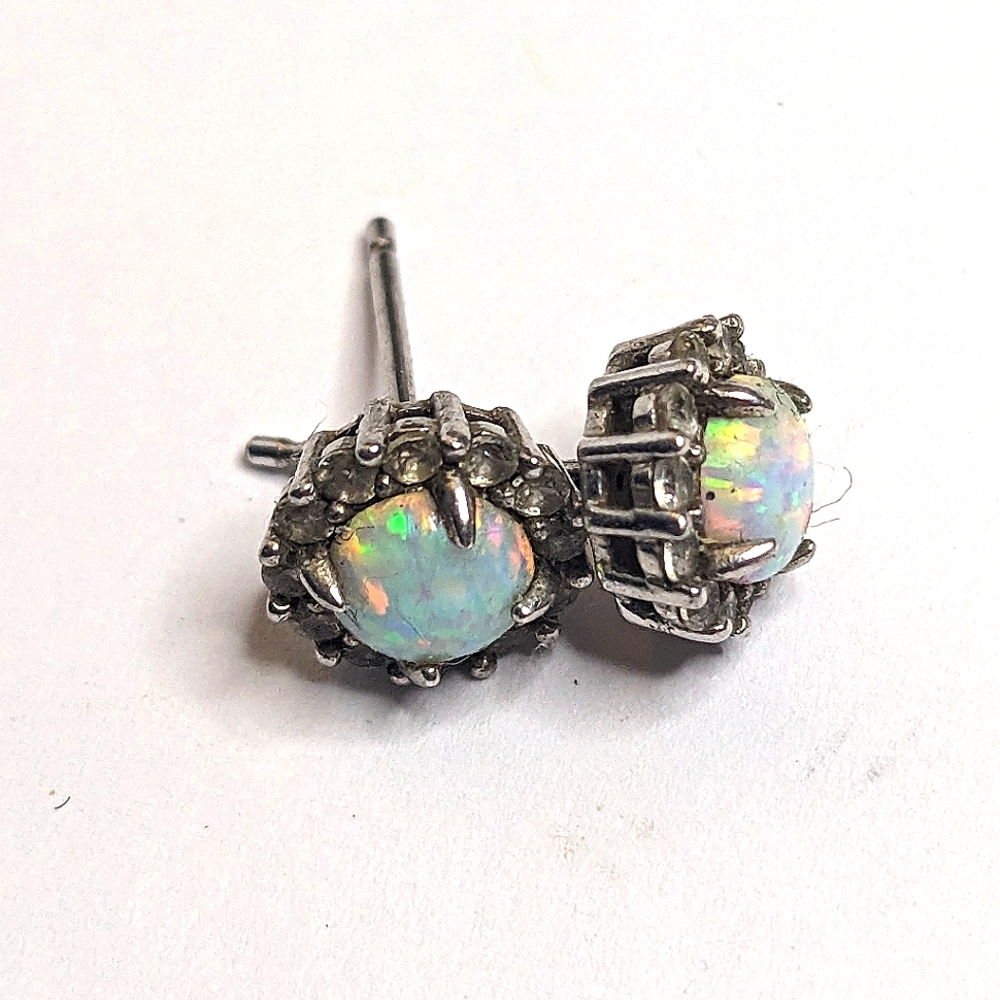 Vintage Signed Kiera Sterling Silver‎ 925 Opal Halo CZ Stud Earrings 8 mm